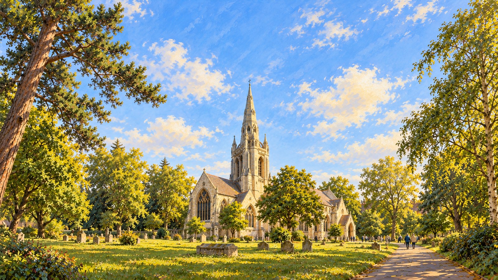 Artist's impression of St Peter's Church and its tree-lined churchyard in Bournemouth