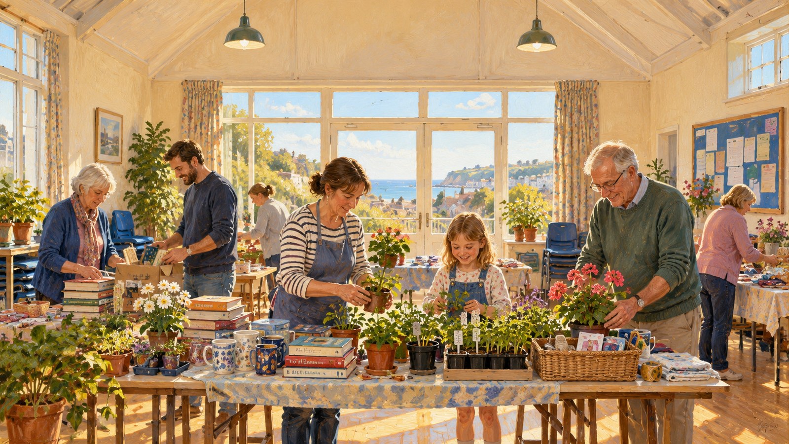 Artist's impression of representative Bournemouth community volunteers preparing a hall event, not real named people or premises